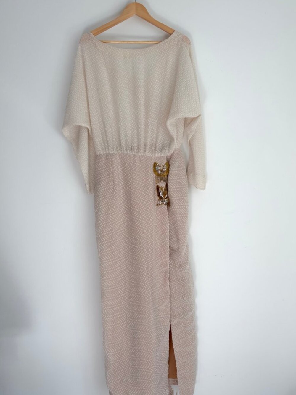 Vintage Romantic Glam Ivory Butterfly Sequin Blouson Maxi Dress M
